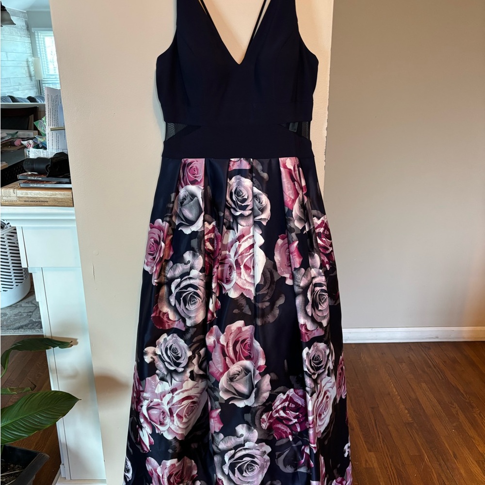 Xscape Navy Floral Ball Gown with Rose Print